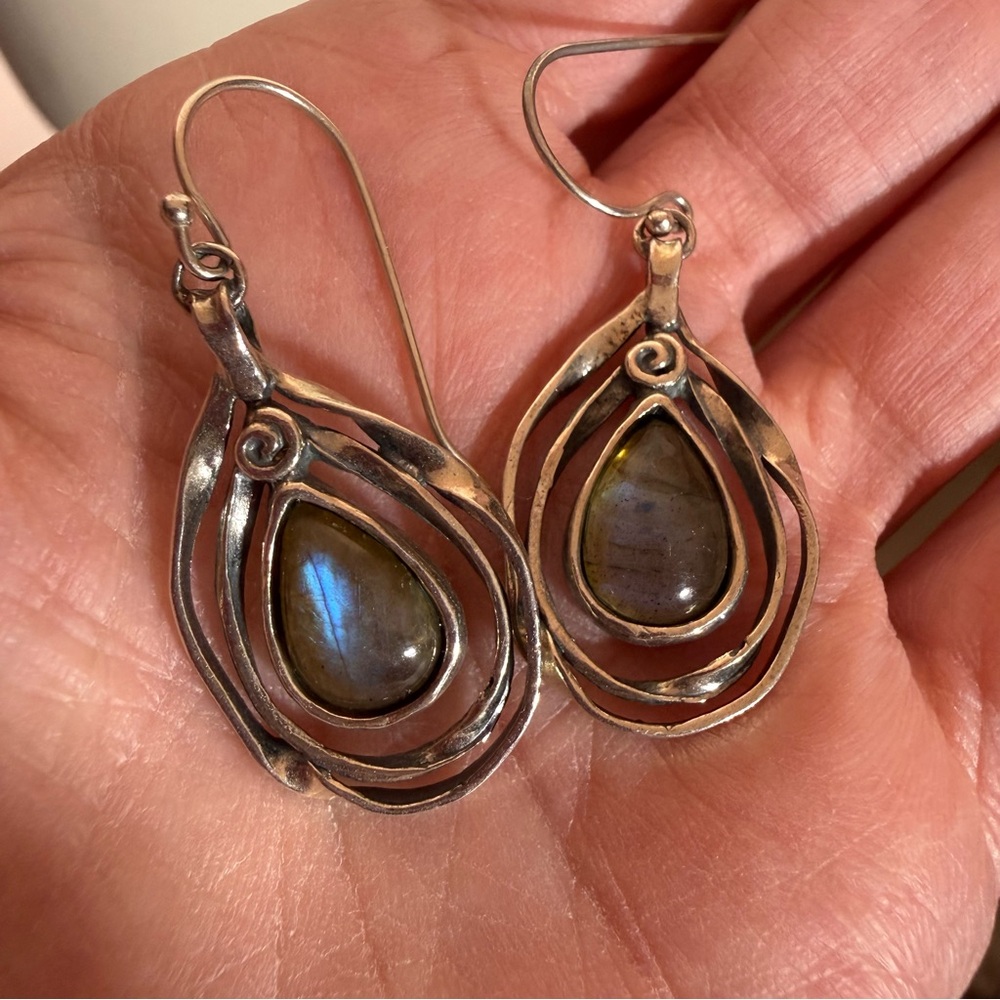Vintage Sterling silver Israel labradorite brutalist modernist designer earrings - Picture 14 of 14